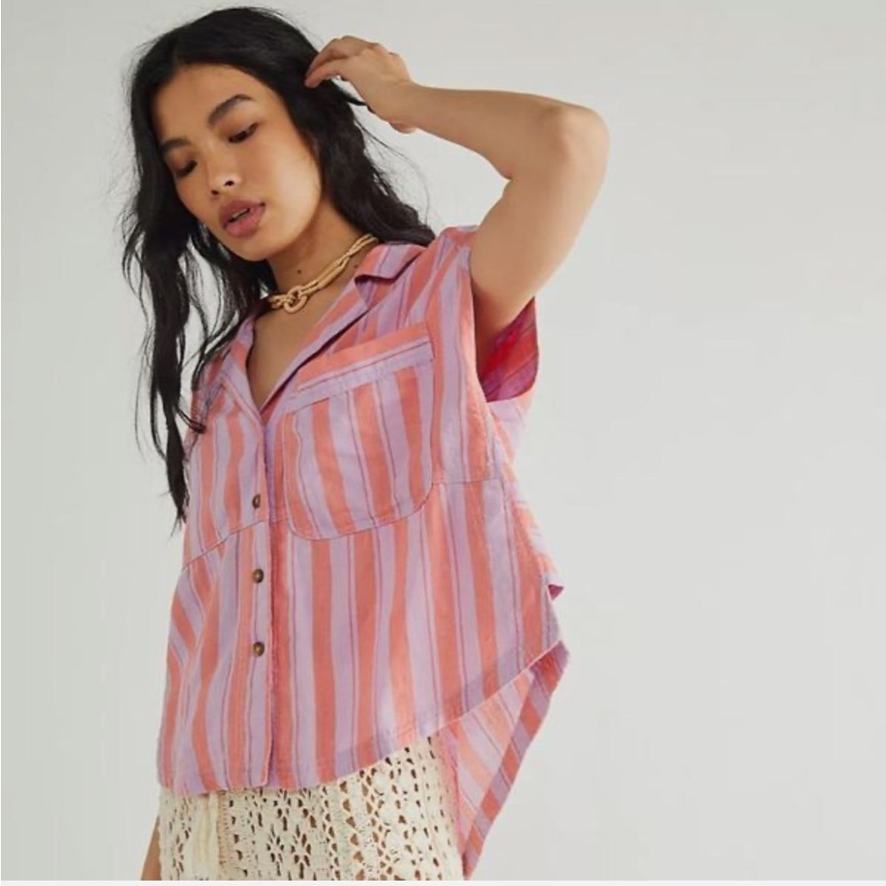 Free People Large Pink & Orange Collared Tunic